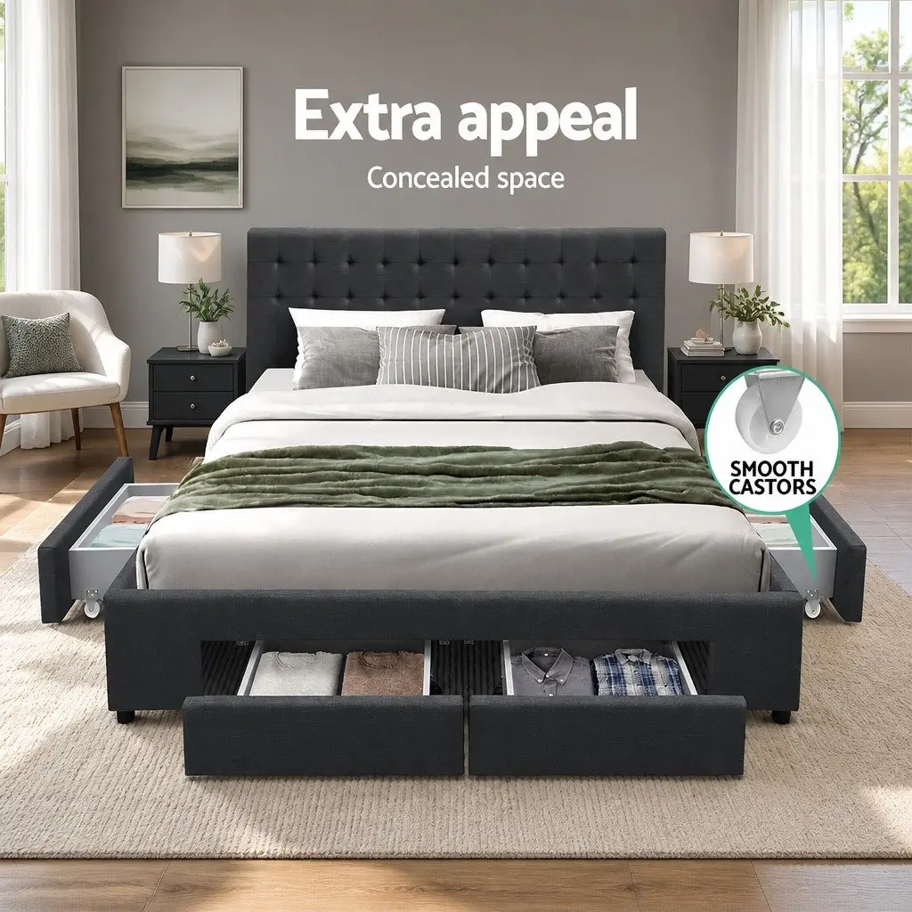 King Size Bed Frame Faux Linen Charcoal Grey Upholstered with 4 Storage Drawers
