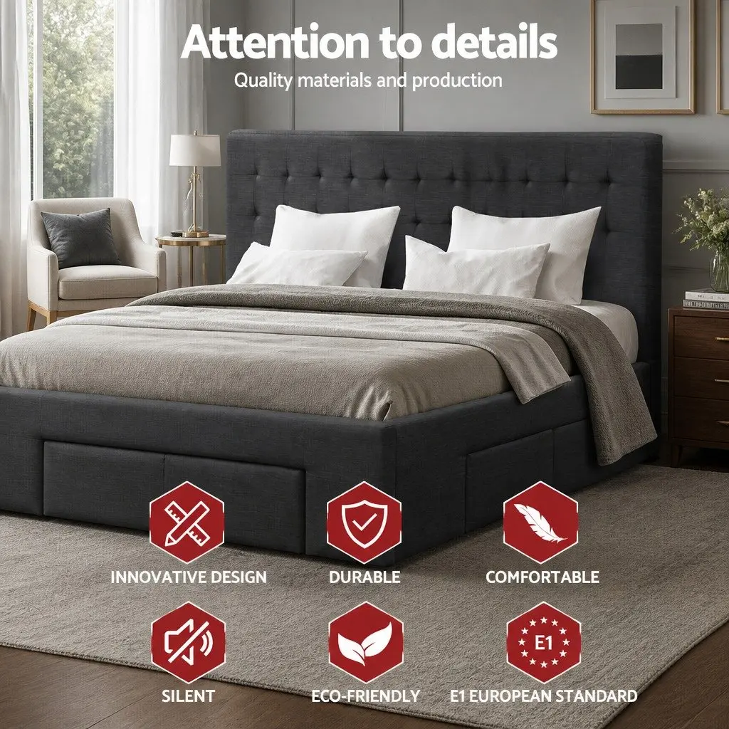 King Size Bed Frame Faux Linen Charcoal Grey Upholstered with 4 Storage Drawers