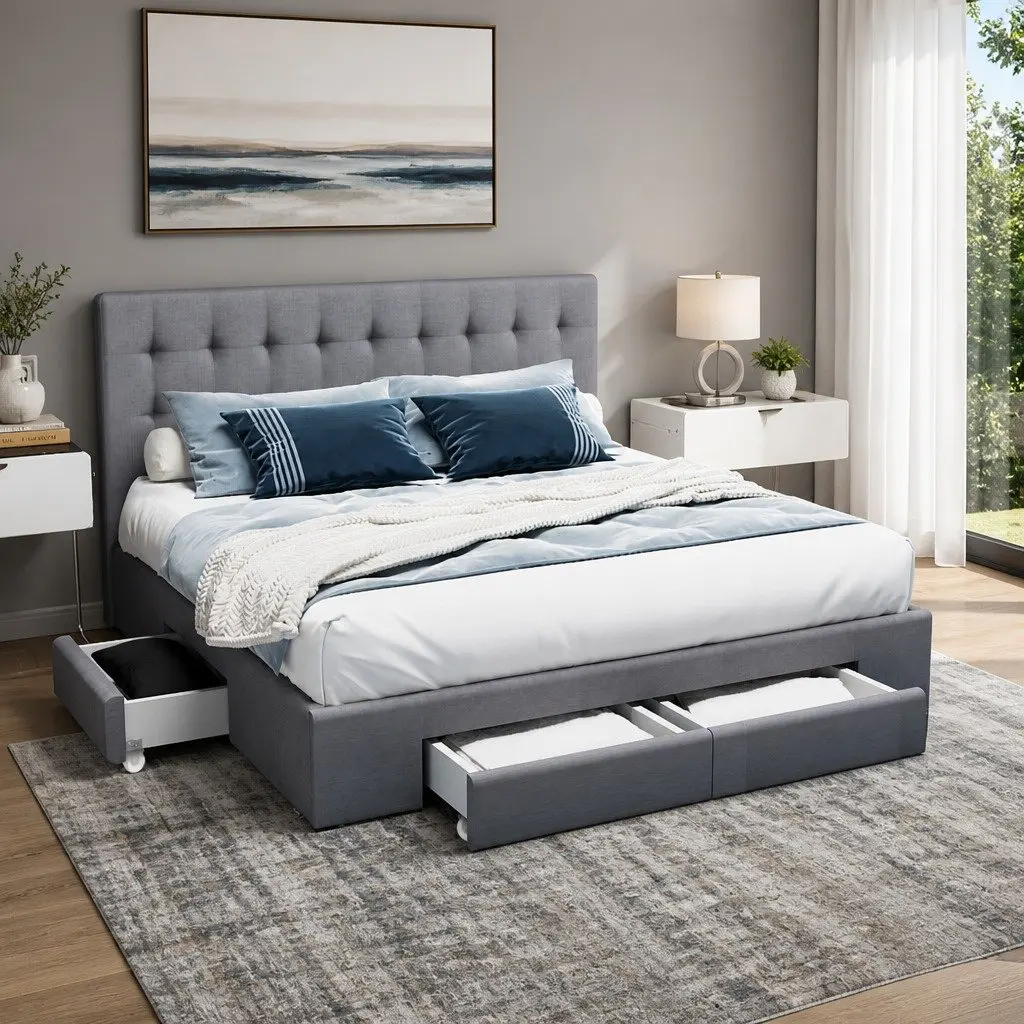 King Size Bed Frame with 4 Storage Drawers in Grey