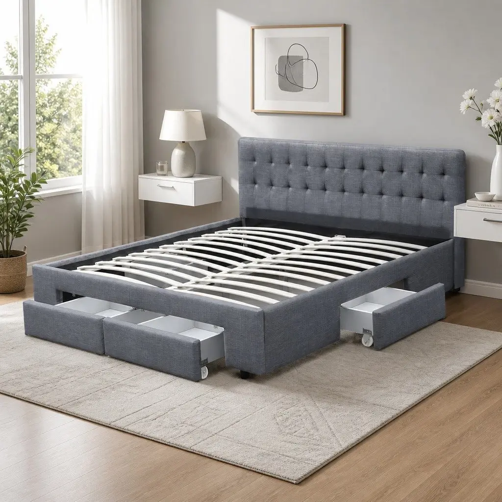 King Size Bed Frame with 4 Storage Drawers in Grey