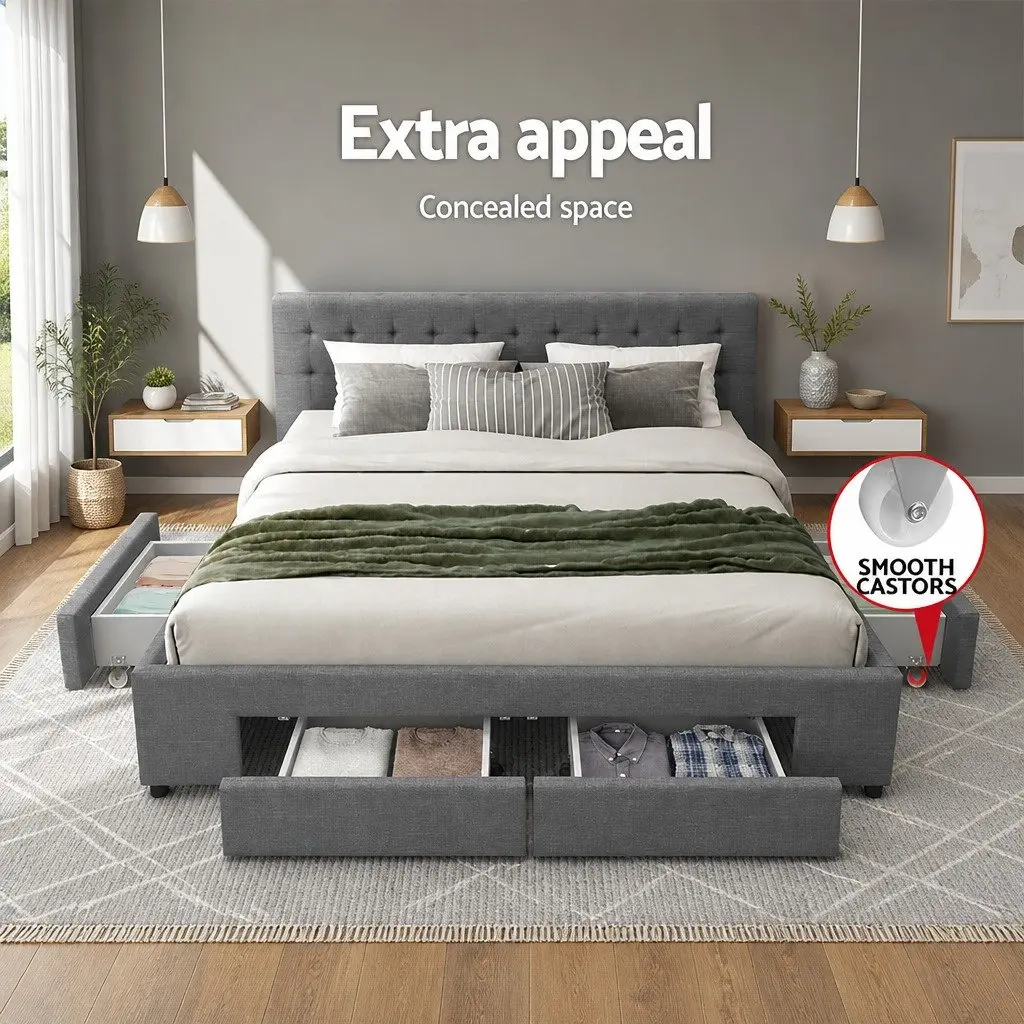 King Size Bed Frame with 4 Storage Drawers in Grey