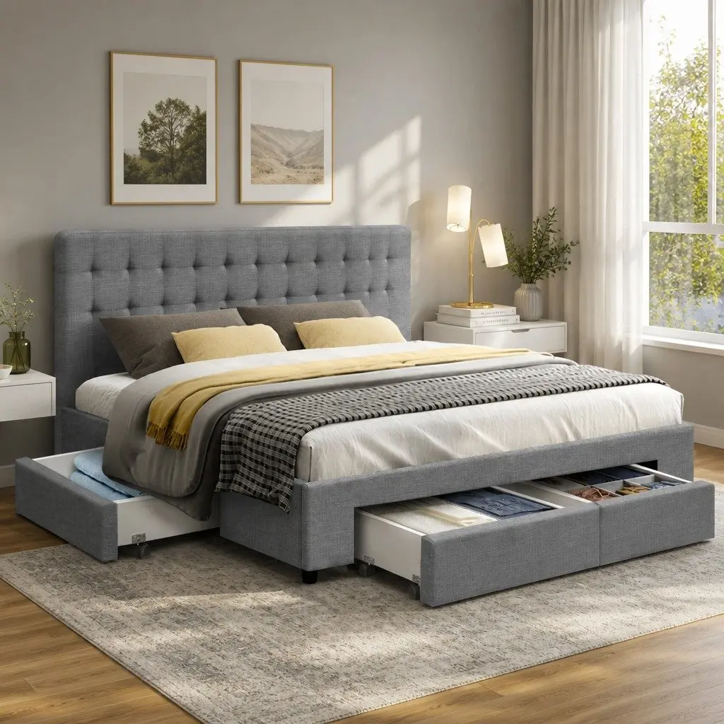 King Size Bed Frame with 4 Storage Drawers in Grey