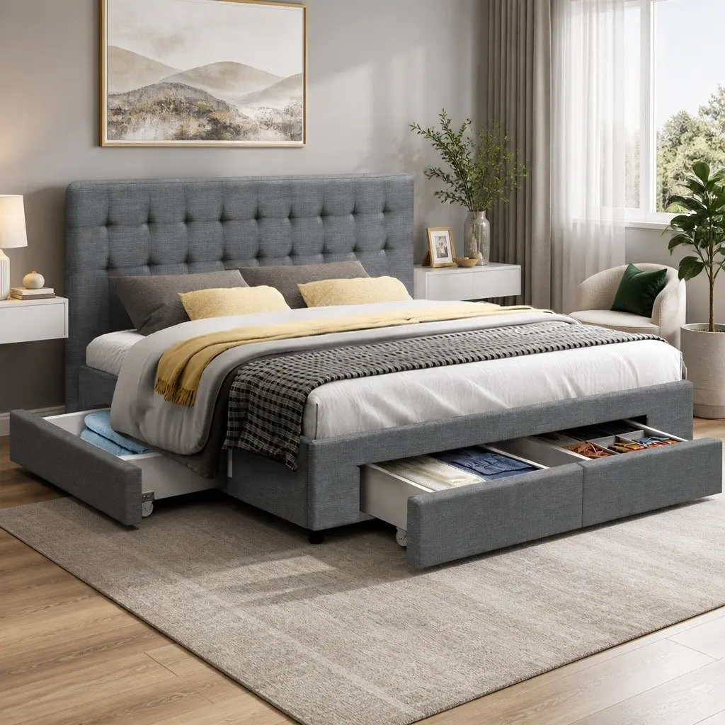 King Size Bed Frame with 4 Storage Drawers in Grey