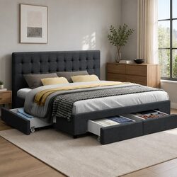 Durable Queen Bed Frame with 4 Drawer Storage in Charcoal