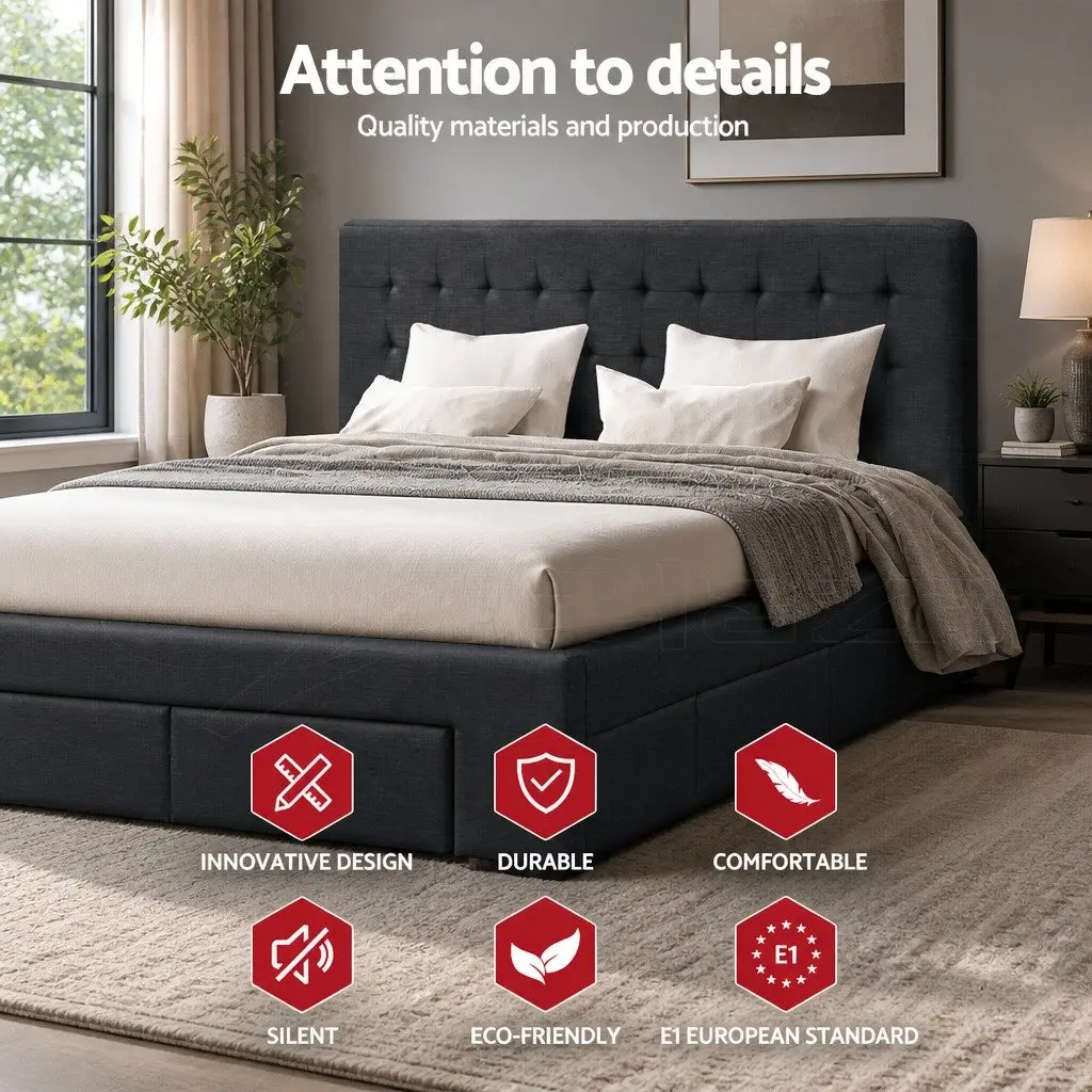 Queen Bed Frame with 4 Drawer Storage in Charcoal