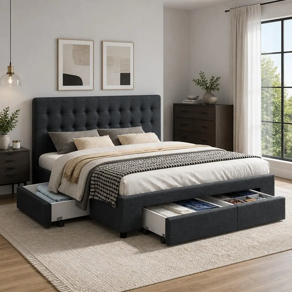 Queen Bed Frame with 4 Drawer Storage in Charcoal
