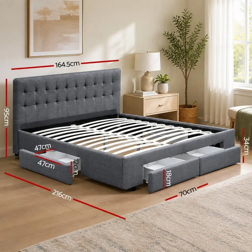 Queen Size Bed Frame with 4 Storage Drawers in Grey