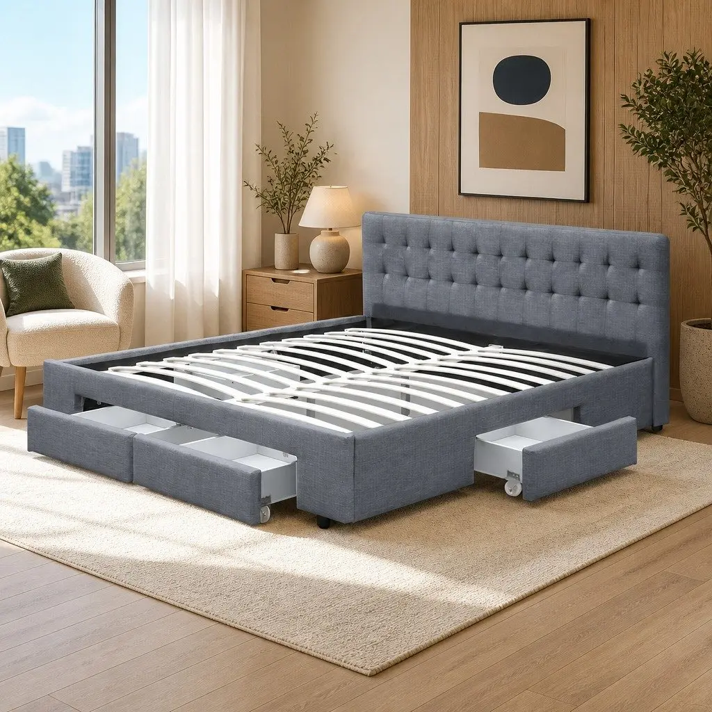 Queen Size Bed Frame with 4 Storage Drawers in Grey