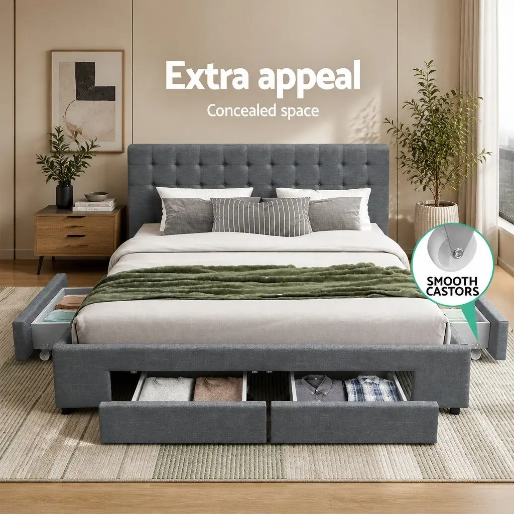 Queen Size Bed Frame with 4 Storage Drawers in Grey