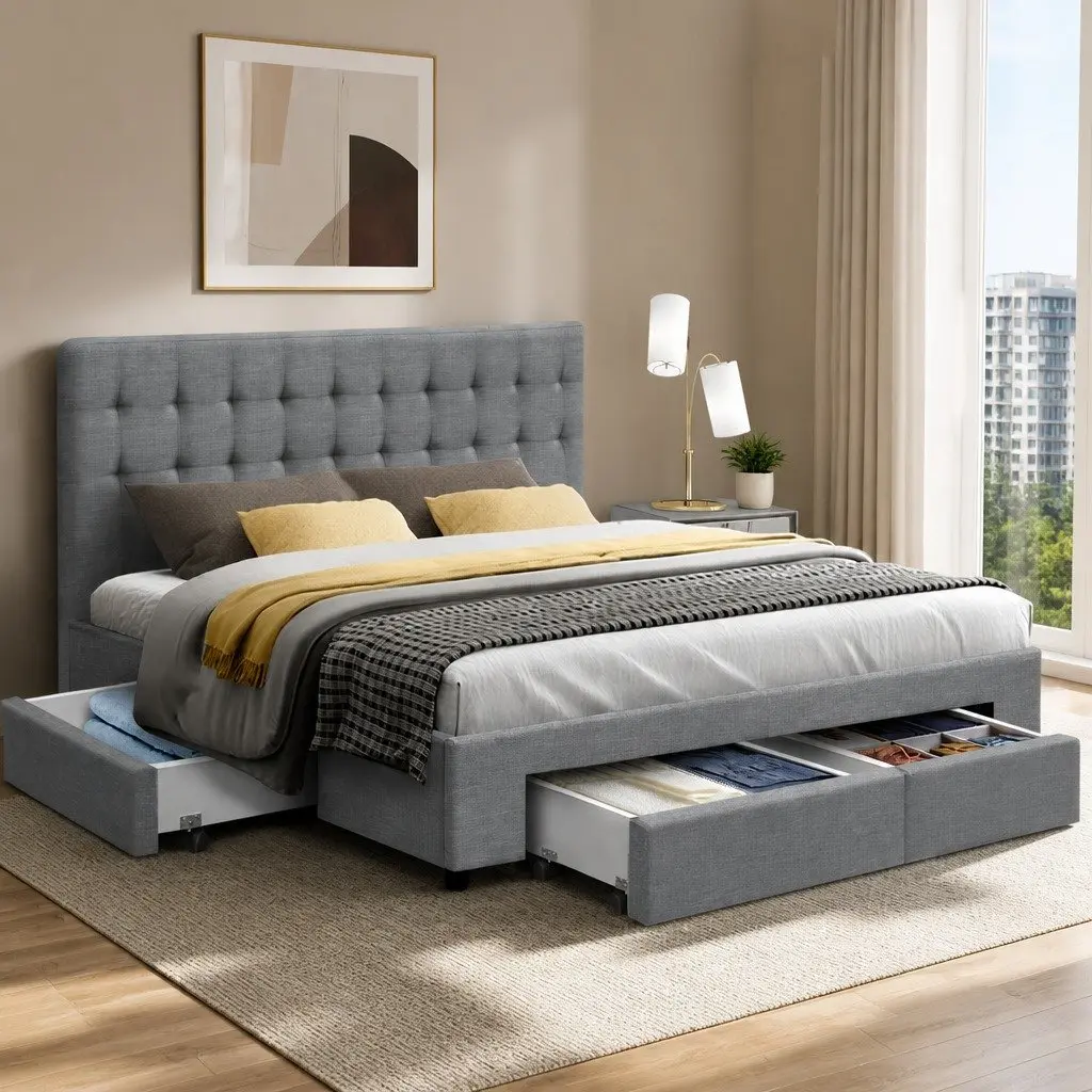 Queen Size Bed Frame with 4 Storage Drawers in Grey
