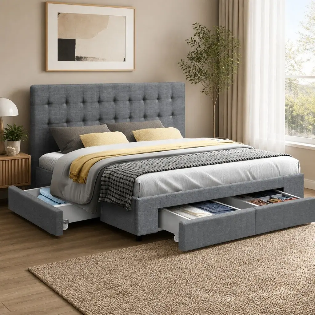 Queen Size Bed Frame with 4 Storage Drawers in Grey