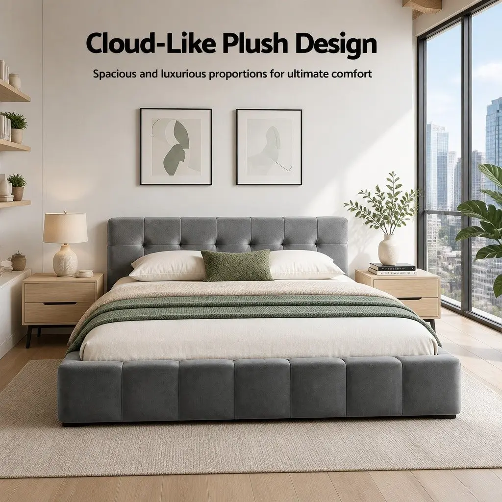 Double Bed Frame with Grey Velvet Headboard