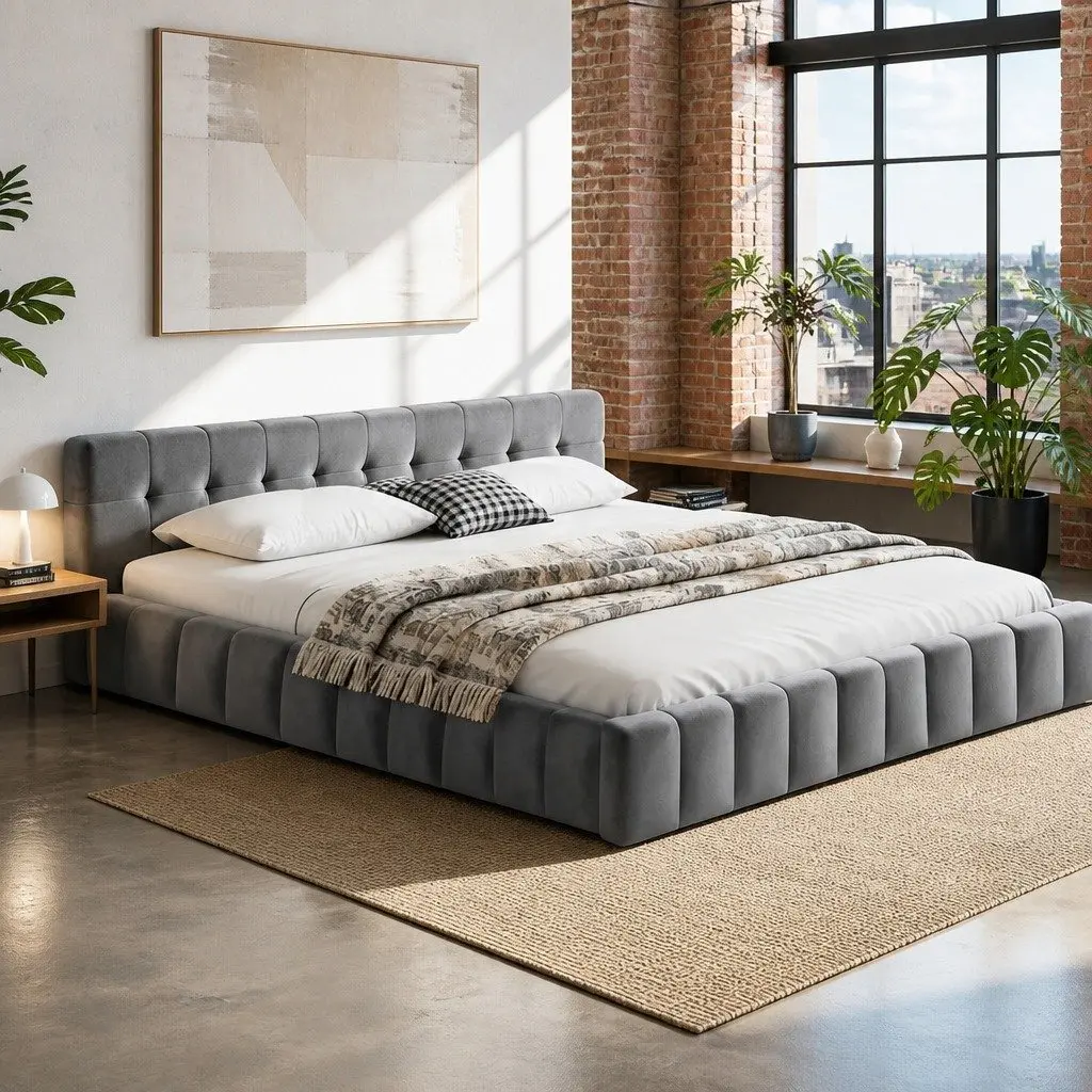 King Size Bed Frame Velvet Grey Plush Headboard Platform Base