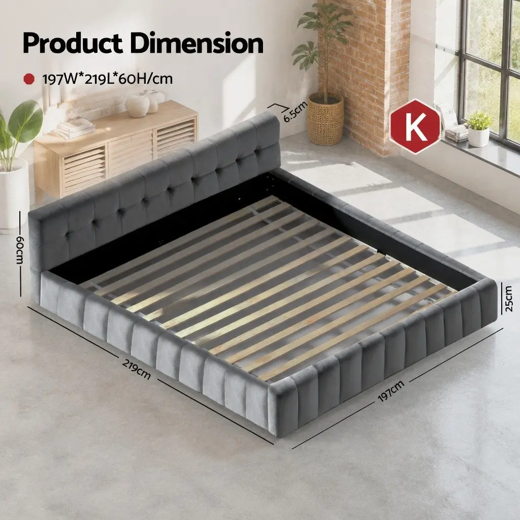 King Size Bed Frame Velvet Grey Plush Headboard Platform Base