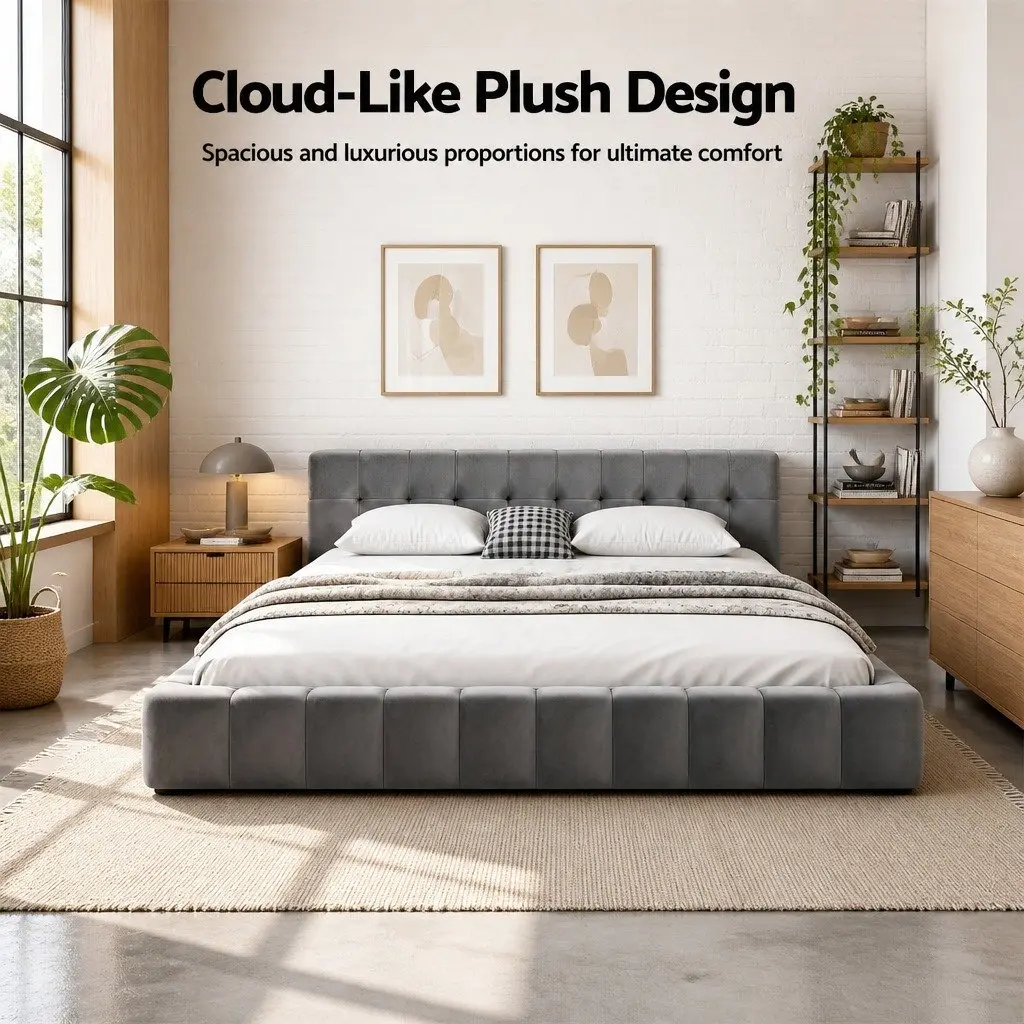King Size Bed Frame Velvet Grey Plush Headboard Platform Base