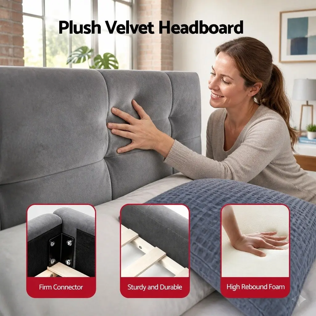 King Size Bed Frame Velvet Grey Plush Headboard Platform Base