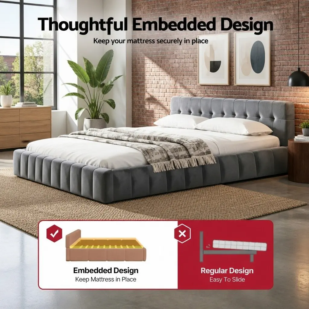 King Size Bed Frame Velvet Grey Plush Headboard Platform Base
