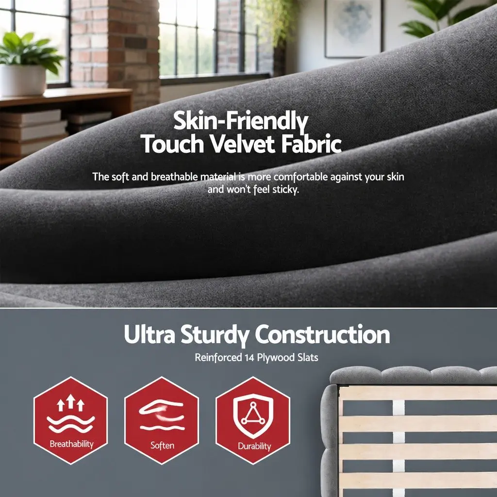 King Size Bed Frame Velvet Grey Plush Headboard Platform Base