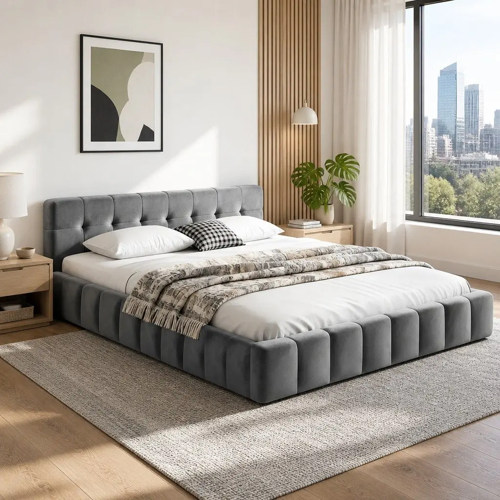 Queen Bed Frame with Cloud Velvet Headboard