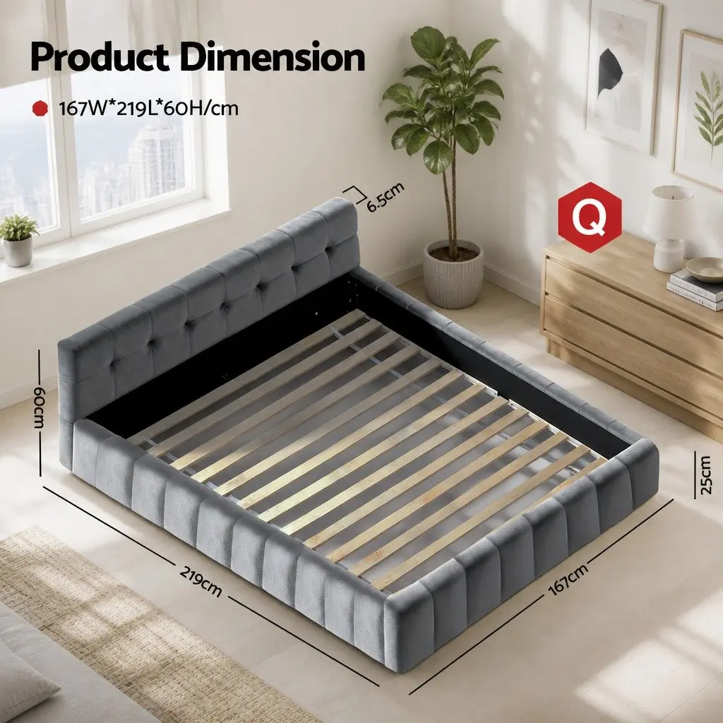Queen Bed Frame with Cloud Velvet Headboard