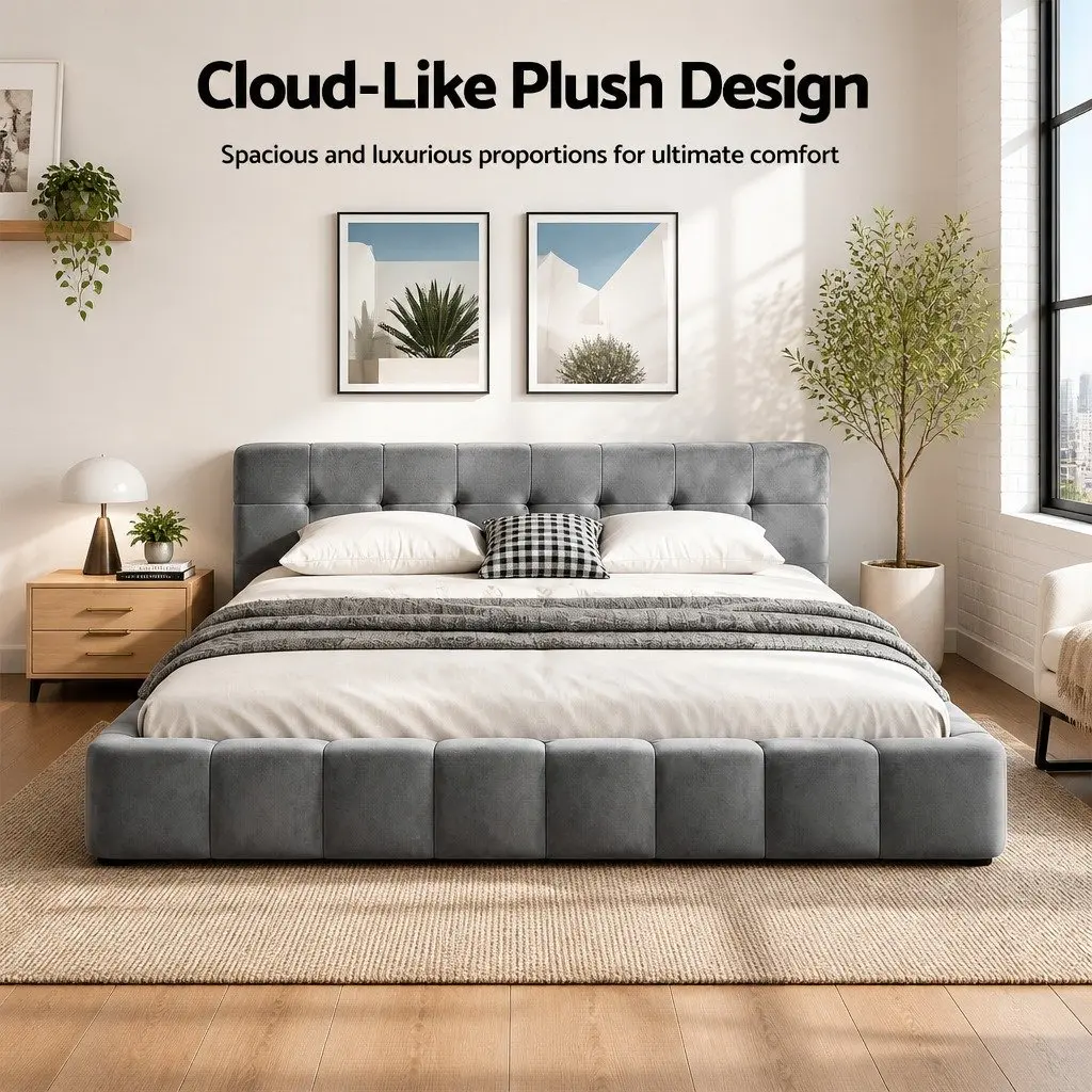 Queen Bed Frame with Cloud Velvet Headboard