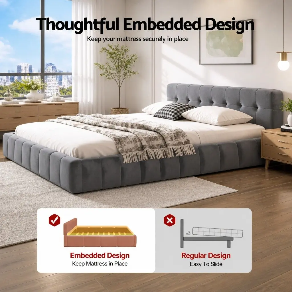 Queen Bed Frame with Cloud Velvet Headboard