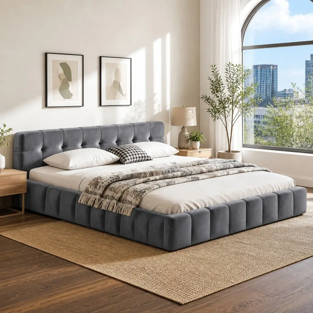 Queen Bed Frame with Cloud Velvet Headboard
