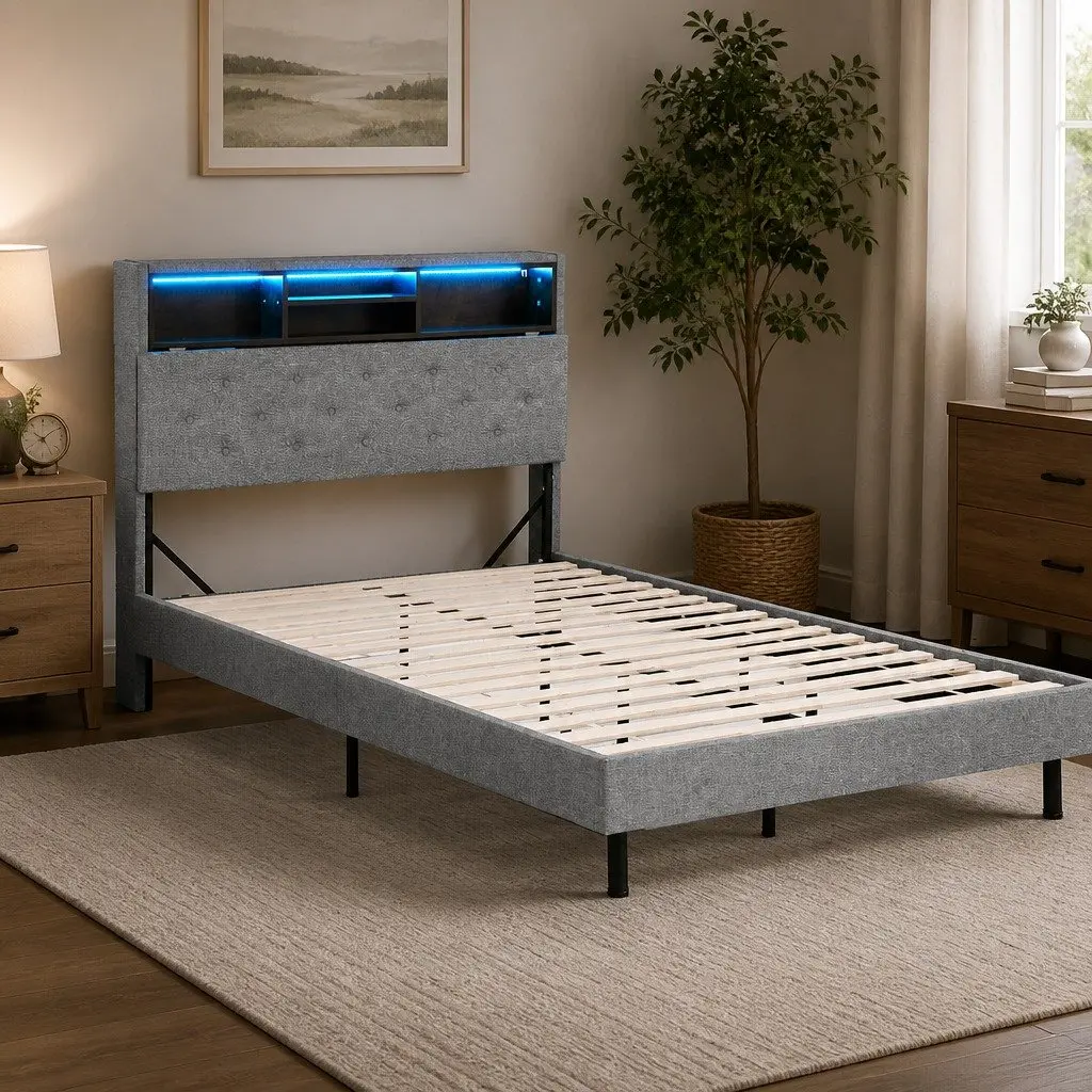 King Single Bed Frame with RGB LED and Storage Headboard