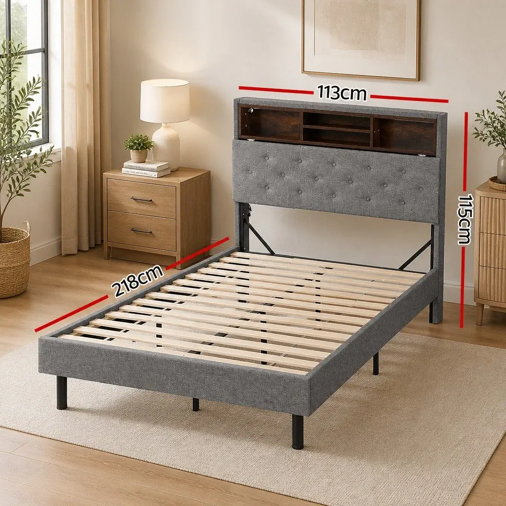 King Single Bed Frame with RGB LED and Storage Headboard