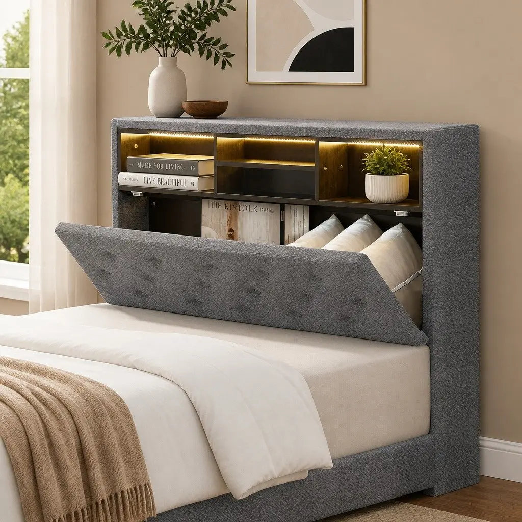 King Single Bed Frame with RGB LED and Storage Headboard