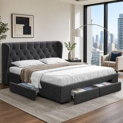 Charcoal Upholstered King Size Bed Frame with Storage