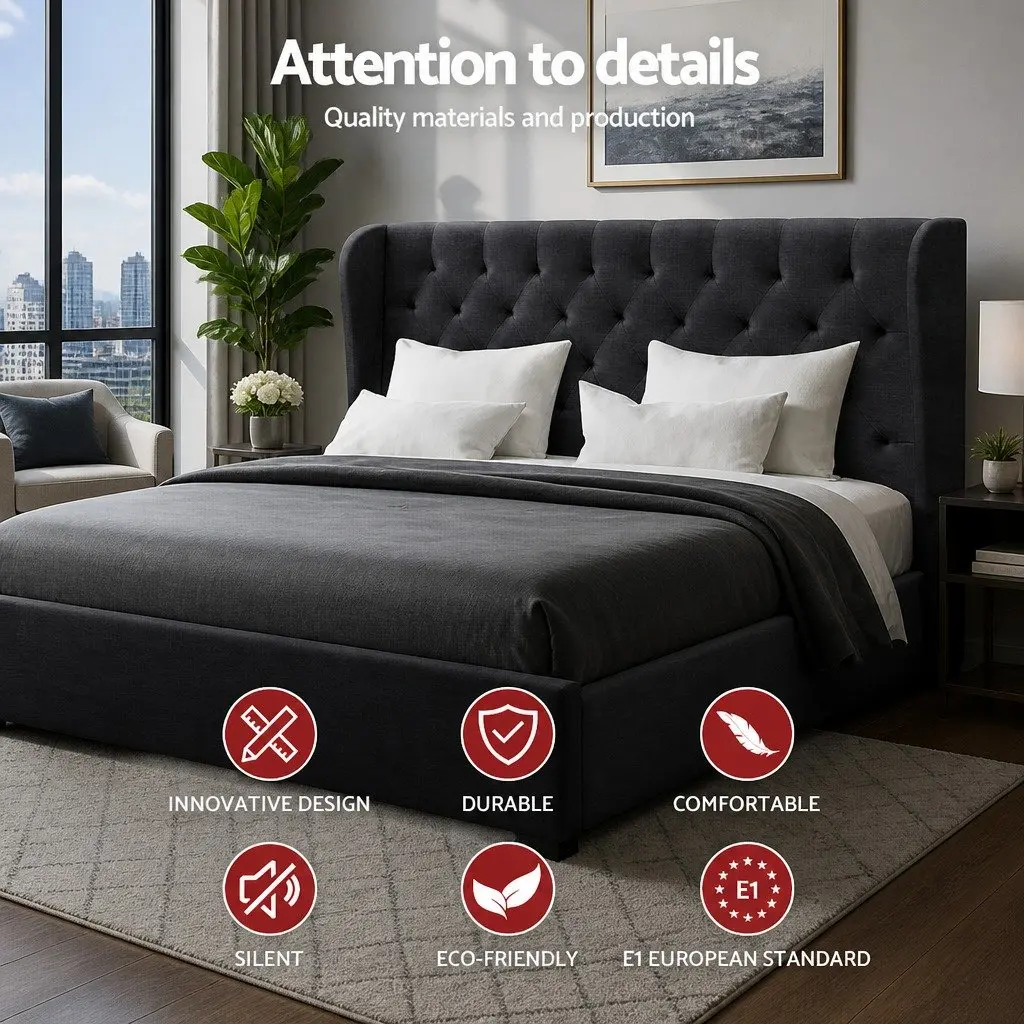 Charcoal Upholstered King Size Bed Frame with Storage