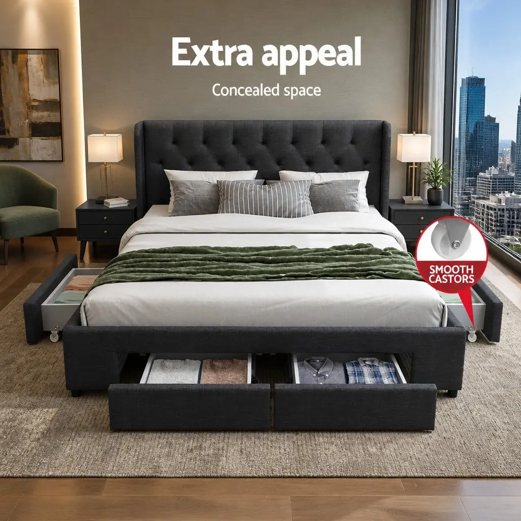 Charcoal Queen Bed Frame with 4 Storage Drawers