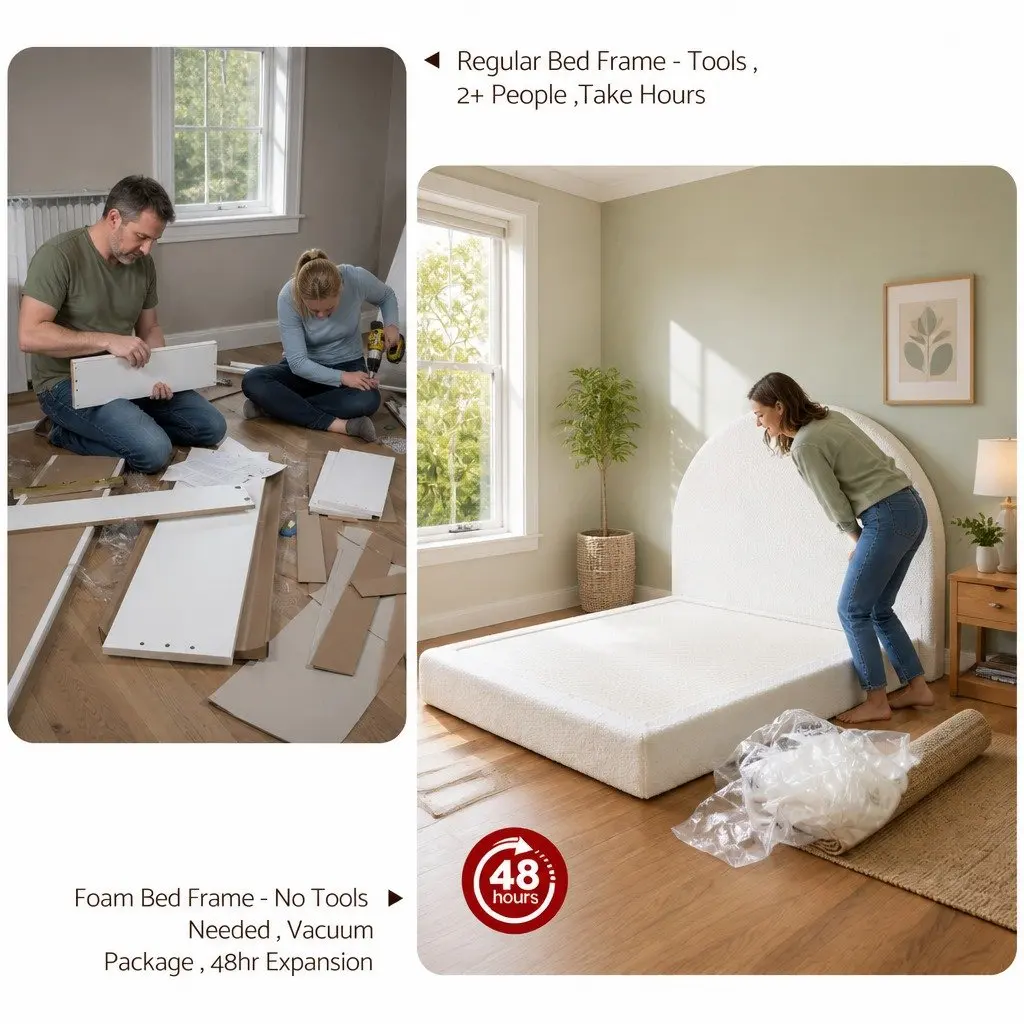 Double Bed Frame with Boucle Fabric and Tool-Free Setup