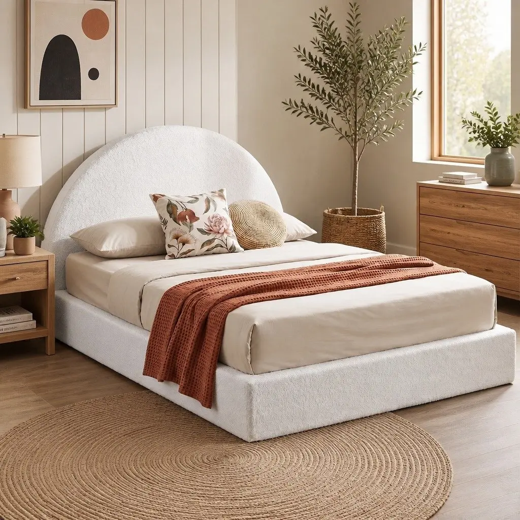 Queen Bed Frame in Soft Boucle Fabric