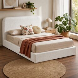 Sturdy Queen Bed Frame with Soft Boucle Fabric - White