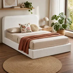 Sturdy Queen Bed Frame with Soft Boucle Fabric - White