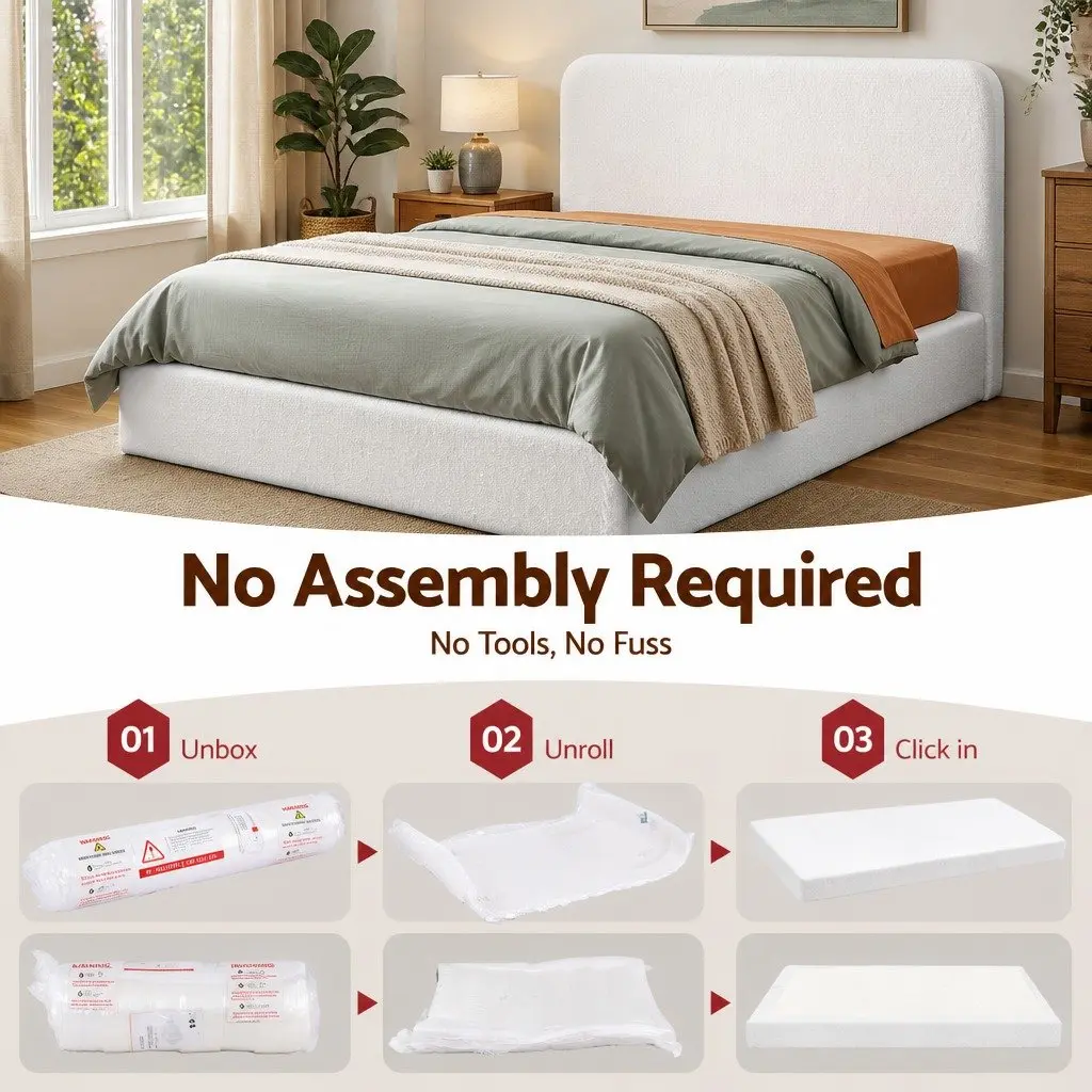 Queen Bed Frame Boucle Fabric 170.5W x 211.7L x 25H cm White