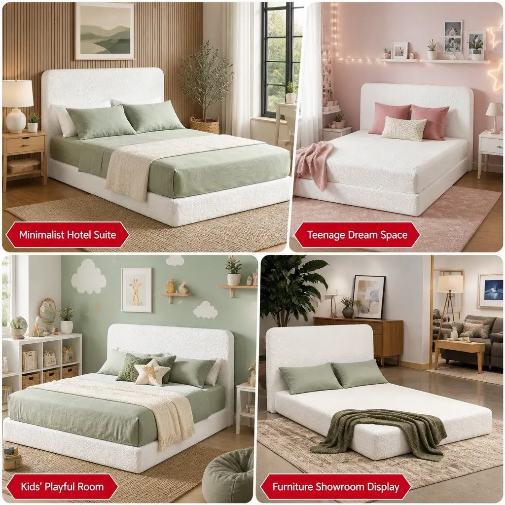 Queen Bed Frame Boucle Fabric 170.5W x 211.7L x 25H cm White