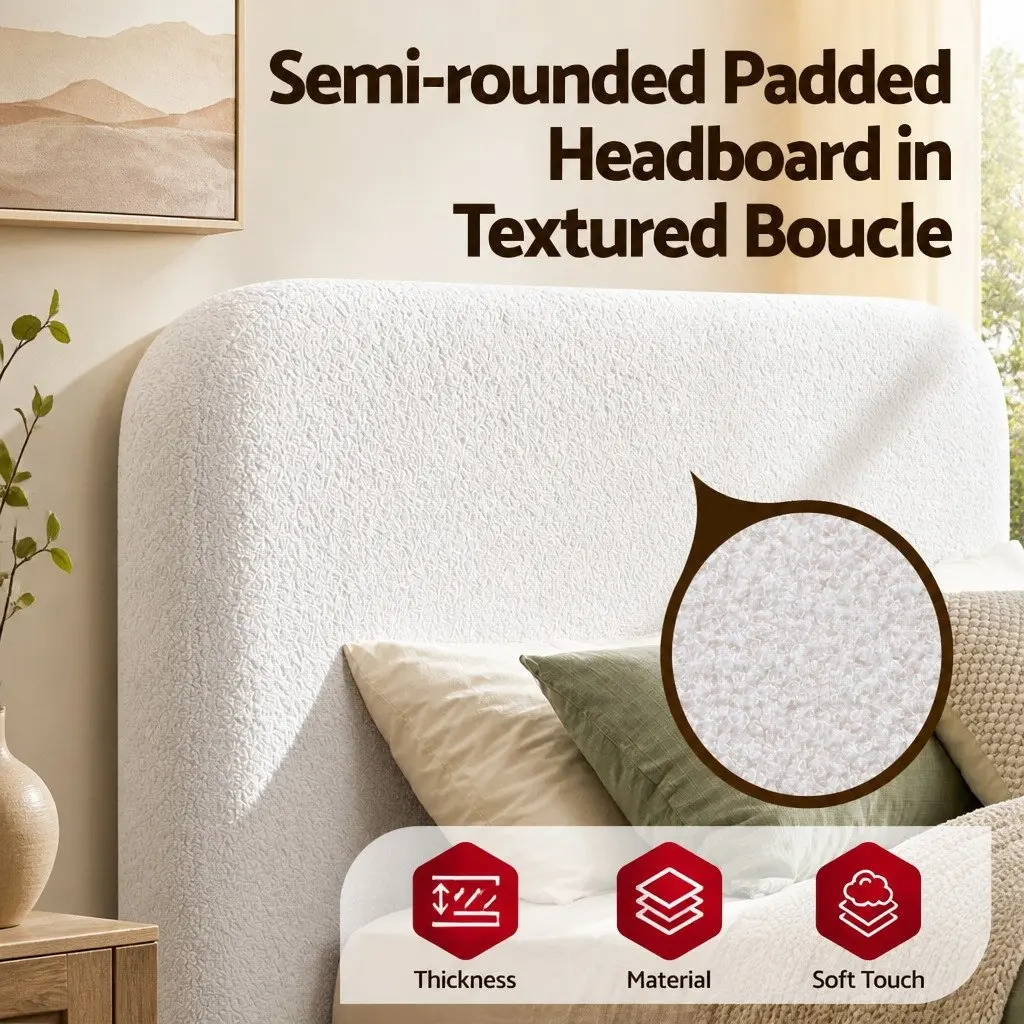 Queen Bed Frame Boucle Fabric 170.5W x 211.7L x 25H cm White