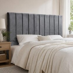 Art Deco King Bed Headboard in Grey Velvet