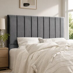 Elegant Charcoal Velvet Queen Bed Headboard with Art Deco Design