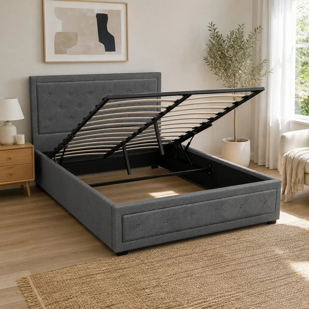 Double Size Bed Frame Faux Linen Grey Upholstered Tufted Headboard