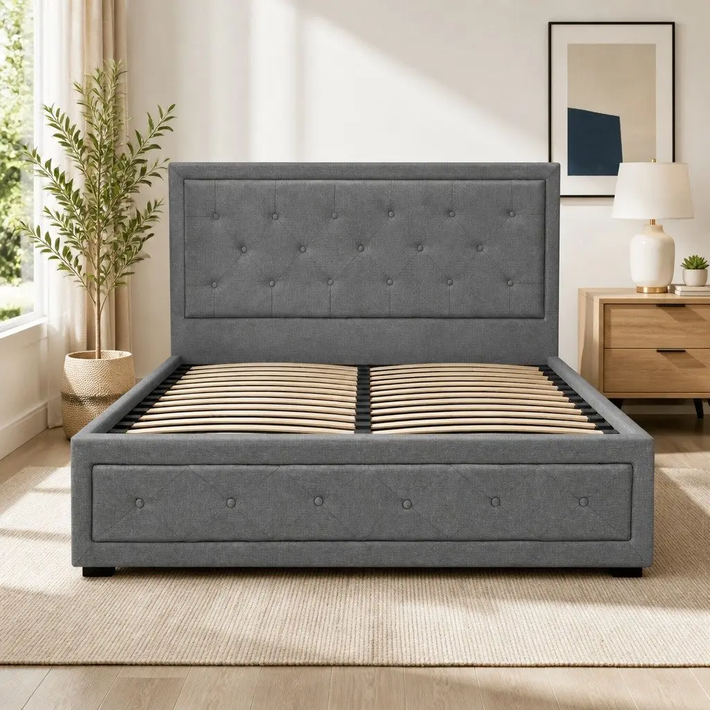 Double Size Bed Frame Faux Linen Grey Upholstered Tufted Headboard