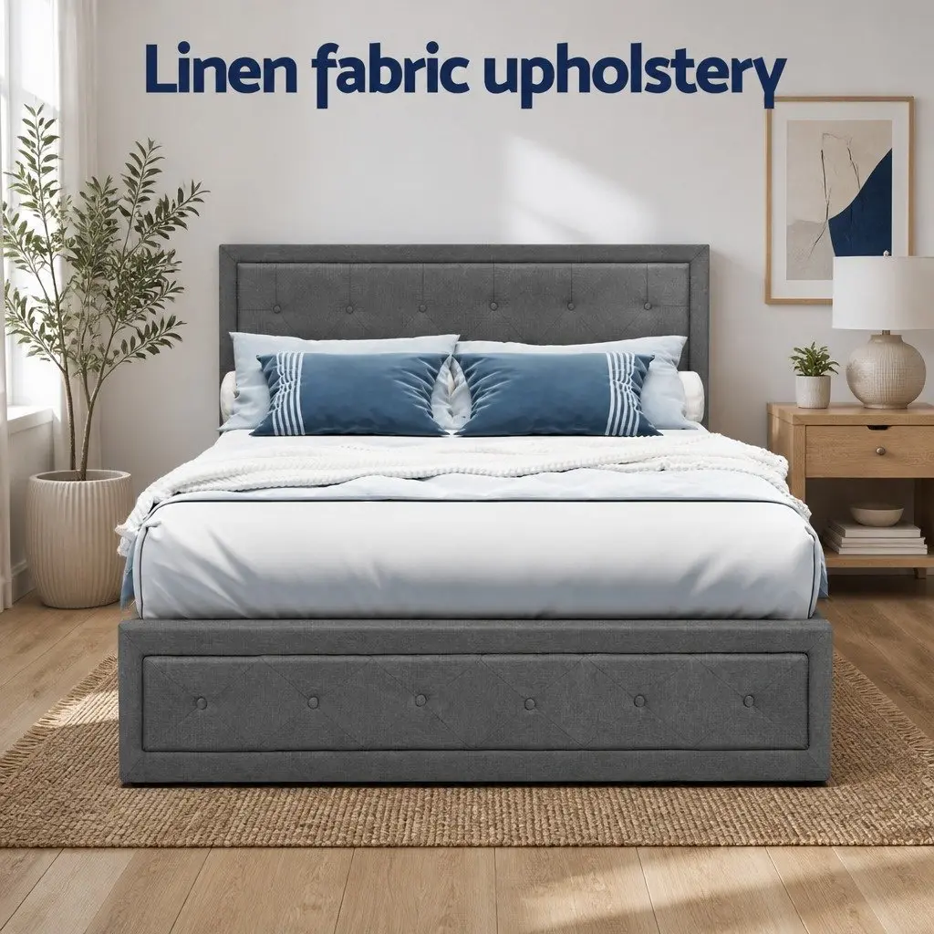 Double Size Bed Frame Faux Linen Grey Upholstered Tufted Headboard