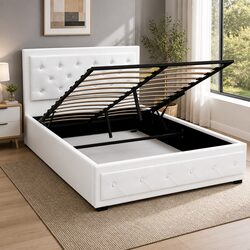 White Upholstered Double Gas Lift Bed Frame with Storage