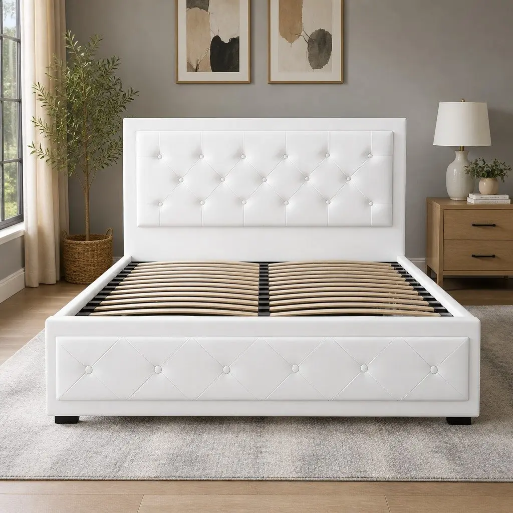 White Upholstered Double Gas Lift Bed Frame with Storage