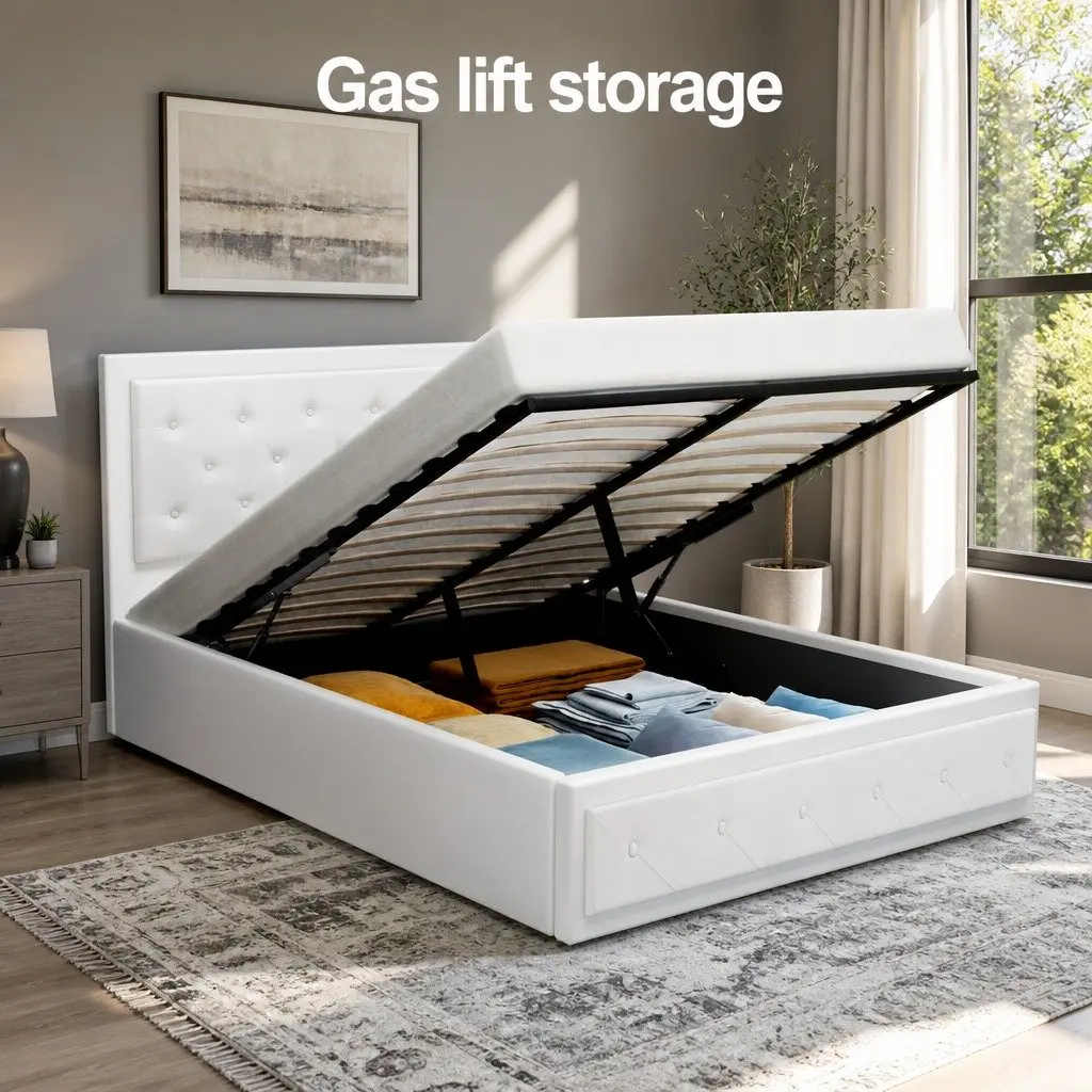 White Upholstered Double Gas Lift Bed Frame with Storage