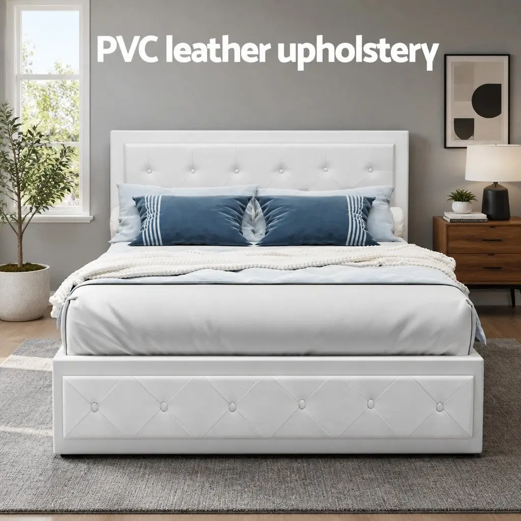 White Upholstered Double Gas Lift Bed Frame with Storage