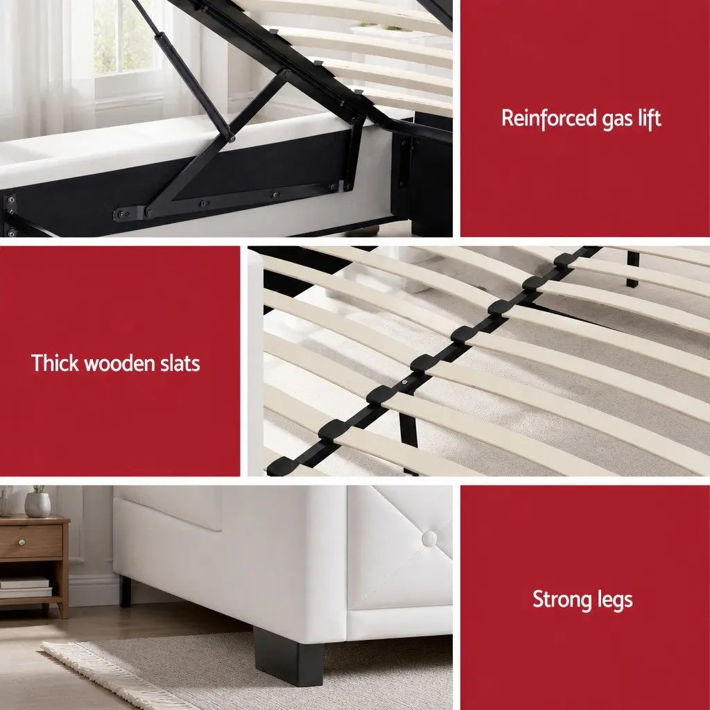 White Upholstered Double Gas Lift Bed Frame with Storage